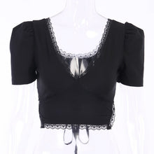 Load image into Gallery viewer, WannaThis V-Neck Short Sleeve Women Crop Tops Backless Hollow Out Patchwork Laceup Black Sexy Summer Shirts New Skinny Elastic