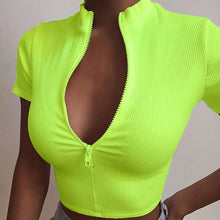Load image into Gallery viewer, WannaThis Zipper Tanks Crop Top White Women V-Neck Fashion New Slim Short Sleeve Elastic Ribbed Casual Basic Ladies Sexy Cropped