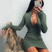 Load image into Gallery viewer, WannaThis Zipper V-Neck Bodycon Dresses Sexy Long Sleeve Black Skinny Elastic Autumn Spring New Solid Fashion Women Party Dress