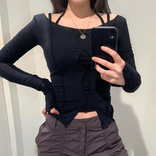 Load image into Gallery viewer, Wannathis Purple Women Shirt Long Sleeve Split Hollow Out Hole Slit Hem Autumn Streetwear Slim Cotton Cropped Ladies Casual Top
