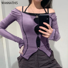 Load image into Gallery viewer, Wannathis Purple Women Shirt Long Sleeve Split Hollow Out Hole Slit Hem Autumn Streetwear Slim Cotton Cropped Ladies Casual Top