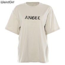 Load image into Gallery viewer, Weirdgirl Women Angel embroidery Casual Fashion T-shirts letter Short Sleeve O-Neck Khaki Loose elastic Female Tees Summer New