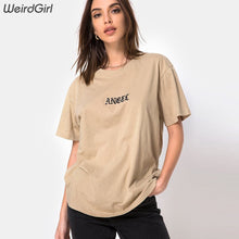 Load image into Gallery viewer, Weirdgirl Women Angel embroidery Casual Fashion T-shirts letter Short Sleeve O-Neck Khaki Loose elastic Female Tees Summer New