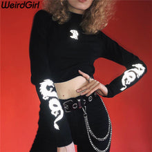 Load image into Gallery viewer, Weirdgirl Women love dragon print T-shirts reflective fashion turtleneck Long Sleeve tee Slim Harajuku shirts female night Top