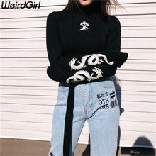 Load image into Gallery viewer, Weirdgirl Women love dragon print T-shirts reflective fashion turtleneck Long Sleeve tee Slim Harajuku shirts female night Top