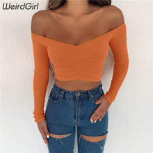 Load image into Gallery viewer, Weirdgirl women T-shirts sexy and club fashion female T-shirt long sleeve off shoulder solid color lady Tshirt autumn basic tees