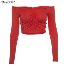 Load image into Gallery viewer, Weirdgirl women T-shirts sexy and club fashion female T-shirt long sleeve off shoulder solid color lady Tshirt autumn basic tees
