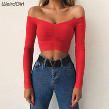Load image into Gallery viewer, Weirdgirl women T-shirts sexy and club fashion female T-shirt long sleeve off shoulder solid color lady Tshirt autumn basic tees