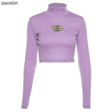 Load image into Gallery viewer, Weirdgirl women casual fashion long sleeve turtleneck purple autumn letter tees elegant sweatshirts female pullover loose new