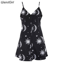 Load image into Gallery viewer, Weirdgirl women dresses loose v-neck sleeveless mini dress black sun moon star printing Elegant Female spring summer dress new