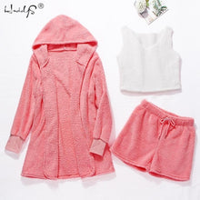 Load image into Gallery viewer, Winter Pajamas Set Women Sleepwear Warm Flannel Long Sleeves Robe Vest Short Pants Pajamas Pink Cute Homewear Velvet Home Suit