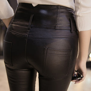 Winter Warm Women Pants Dropshipping Female PU Leather Velvet Trousers Elastic Pencil Skinny pants Women's Tight pants