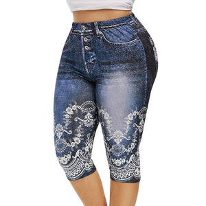 Women 3D Denim Print Leggings Large Size Fashion Slim Elastic Trousers Cropped Pants Gril shorts