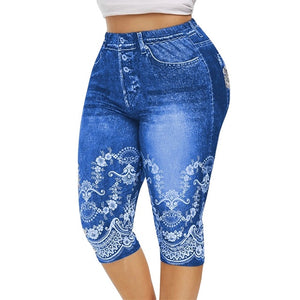 Women 3D Denim Print Leggings Large Size Fashion Slim Elastic Trousers Cropped Pants Gril shorts