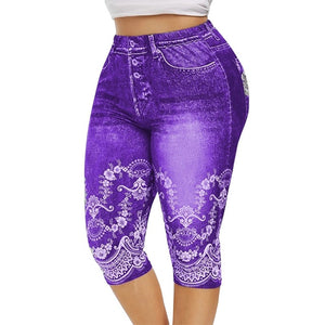 Women 3D Denim Print Leggings Large Size Fashion Slim Elastic Trousers Cropped Pants Gril shorts