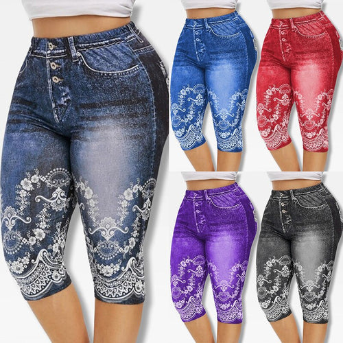 Women 3D Denim Print Leggings Large Size Fashion Slim Elastic Trousers Cropped Pants Gril shorts
