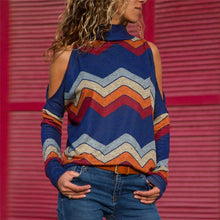 Load image into Gallery viewer, Women Blouses Sexy Cold Shoulder Tops Casual Turtleneck Knitted Top Jumper Pullover Print Long Sleeve Shirt Blusas Camisas Mujer
