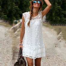Load image into Gallery viewer, Women Casual Sleeveless Dress Hot Summer Beach Dress Tassel Sexy Lace Mini Dress Solid White Plus Size XXL