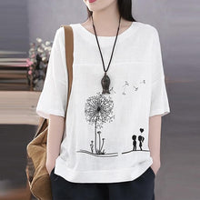 Load image into Gallery viewer, Women Cotton Linen Shirt Autumn Cartoon Printed Blouse Female O Neck 3/4 Sleeve Tunic Tops Chemise Loose Casual Blusas Mujer