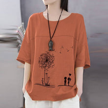 Load image into Gallery viewer, Women Cotton Linen Shirt Autumn Cartoon Printed Blouse Female O Neck 3/4 Sleeve Tunic Tops Chemise Loose Casual Blusas Mujer