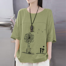Load image into Gallery viewer, Women Cotton Linen Shirt Autumn Cartoon Printed Blouse Female O Neck 3/4 Sleeve Tunic Tops Chemise Loose Casual Blusas Mujer
