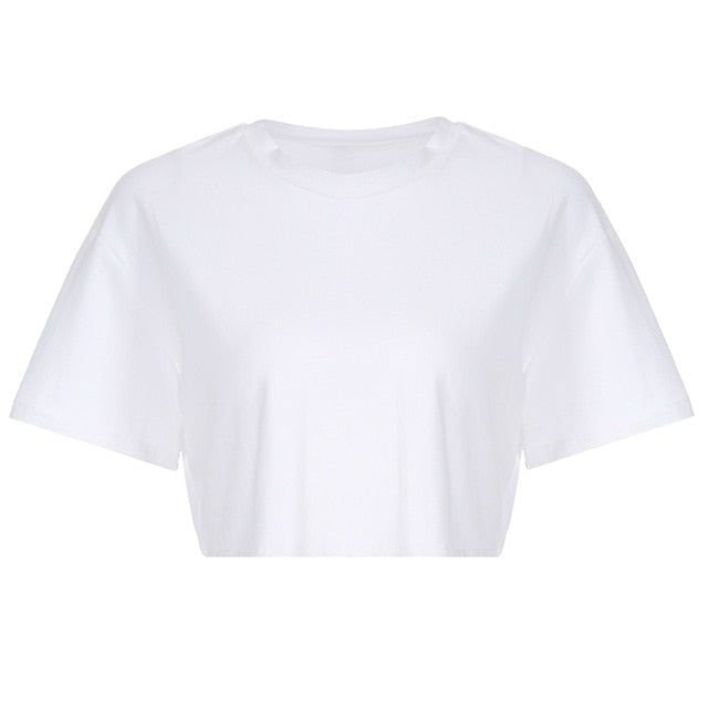 Women Crop Tops Summer Simple Soild Tshirt 2019 Female Short-Sleeve Casual Tee Tops Fashion O-neck White T-shirt