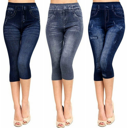 Women Denim Print Leggings Large Size Fashion Slim Elastic Trousers Cropped  Ladies Gym Sport Shorts Running Leggings