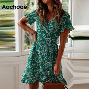 Women Dresses Summer 2020 Sexy V Neck Floral Print Boho Beach Dress Ruffle Short Sleeve A Line Mini Dress Wrap Sundress Robe