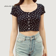 Load image into Gallery viewer, Women Fitted Ribbed Crop Top Button Front Rib Crop Tee
