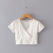 Load image into Gallery viewer, Women Floral Print Crossover V-neck Short Sleeved Crop Top Cotton Blend Crop Tee
