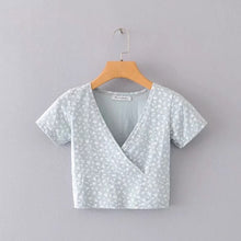 Load image into Gallery viewer, Women Floral Print Crossover V-neck Short Sleeved Crop Top Cotton Blend Crop Tee