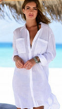 Load image into Gallery viewer, Women Kaftan Beach Dress Cover Up Long Shirts Pareos Sarongs 2018 Sexy Bikini Solid Cover-Up Tunic Swimsuit Robe De Plage White