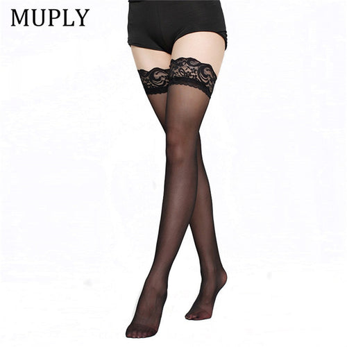 Women Lace Top Stockings Black White Ultrathin Sheer Silk Over Knee Thigh High Hosiery Sexy Lingerie Sheer Stay Up Underwear