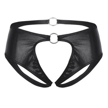 Load image into Gallery viewer, Women Lingerie Femme Soft Faux Leather Crotchless Jockstrap Low Rise Briefs Underwear Open Crotch Sexy Panties with O-Rings