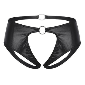 Women Lingerie Femme Soft Faux Leather Crotchless Jockstrap Low Rise Briefs Underwear Open Crotch Sexy Panties with O-Rings