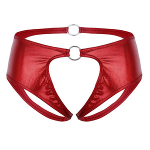 Women Lingerie Femme Soft Faux Leather Crotchless Jockstrap Low Rise Briefs Underwear Open Crotch Sexy Panties with O-Rings