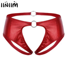 Load image into Gallery viewer, Women Lingerie Femme Soft Faux Leather Crotchless Jockstrap Low Rise Briefs Underwear Open Crotch Sexy Panties with O-Rings