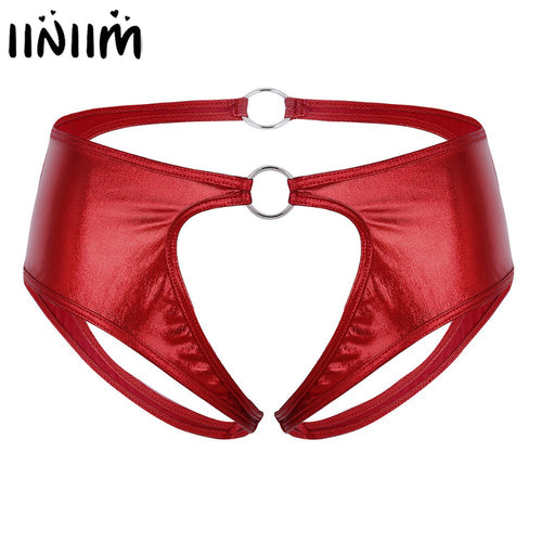 Women Lingerie Femme Soft Faux Leather Crotchless Jockstrap Low Rise Briefs Underwear Open Crotch Sexy Panties with O-Rings
