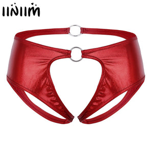 Women Lingerie Femme Soft Faux Leather Crotchless Jockstrap Low Rise Briefs Underwear Open Crotch Sexy Panties with O-Rings