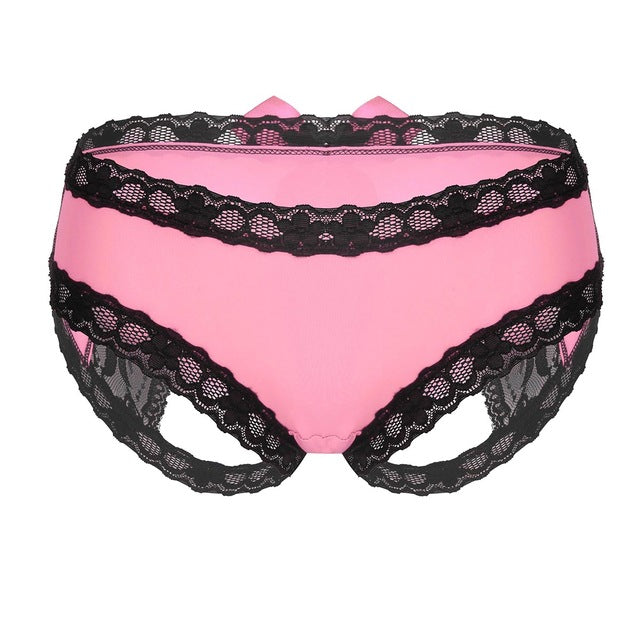 Women Lingerie Slinky Open Butt Lace Bowknot Sexy Sissy Panties Semi Sheer Knickers Briefs Underwear with Lace Trim for Ladies