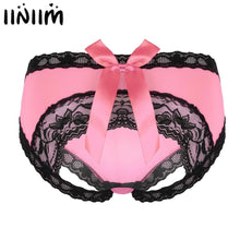 Load image into Gallery viewer, Women Lingerie Slinky Open Butt Lace Bowknot Sexy Sissy Panties Semi Sheer Knickers Briefs Underwear with Lace Trim for Ladies