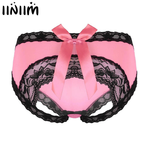 Women Lingerie Slinky Open Butt Lace Bowknot Sexy Sissy Panties Semi Sheer Knickers Briefs Underwear with Lace Trim for Ladies
