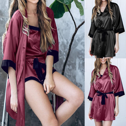 Women Sexy Black Silk Satin Kimono Robe Lace Bathrobe Lingerie Sleepwear Pajamas Womens Pajamas Sleepwear Dropshipping #2142