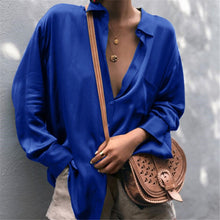 Load image into Gallery viewer, Women Sexy Deep V-neck Satin Blouse Tops Loose Long Sleeve Office Ladies Shirt Casual Solid Silk Female Spring Shirt