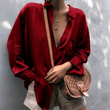 Load image into Gallery viewer, Women Sexy Deep V-neck Satin Blouse Tops Loose Long Sleeve Office Ladies Shirt Casual Solid Silk Female Spring Shirt