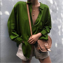Load image into Gallery viewer, Women Sexy Deep V-neck Satin Blouse Tops Loose Long Sleeve Office Ladies Shirt Casual Solid Silk Female Spring Shirt
