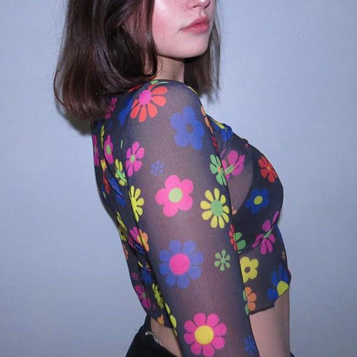 Women Sexy Flowers Print Mesh Sexy T Shirt Long Sleeve Causal Crop Tops Femme Party Club Transparent Bodycon Tees Shirt