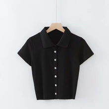 Load image into Gallery viewer, Women Short Sleeve Collared Button Up Crop Top Opaque Buttons T-shirt