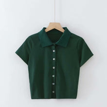 Load image into Gallery viewer, Women Short Sleeve Collared Button Up Crop Top Opaque Buttons T-shirt