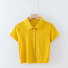 Load image into Gallery viewer, Women Short Sleeve Collared Button Up Crop Top Opaque Buttons T-shirt